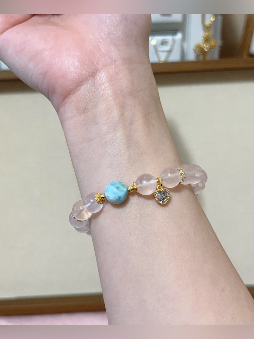 Handmade Natural Larimar & Star Rose Quartz Bracelet | 9.5mm - Picture 8 of 11